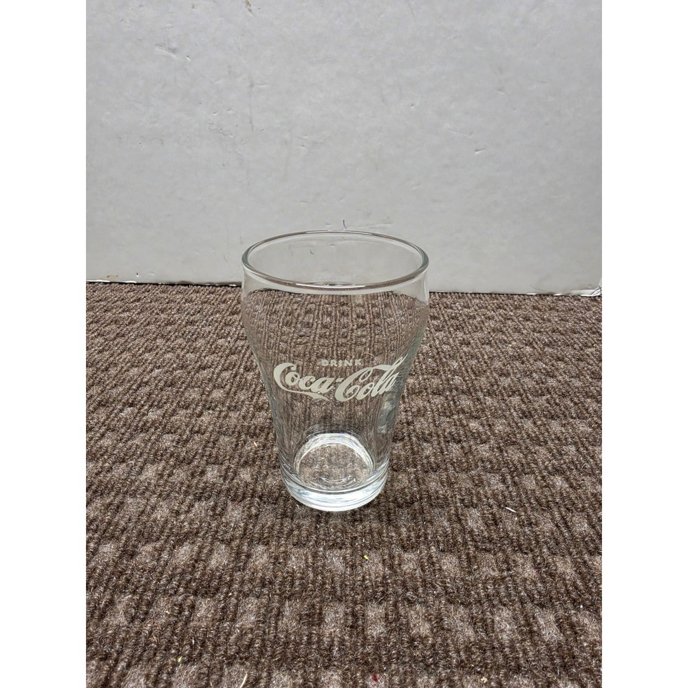Vintage Coca Cola Clear Glass Soda Tumbler White Script Logo Bell Shape 4.75in